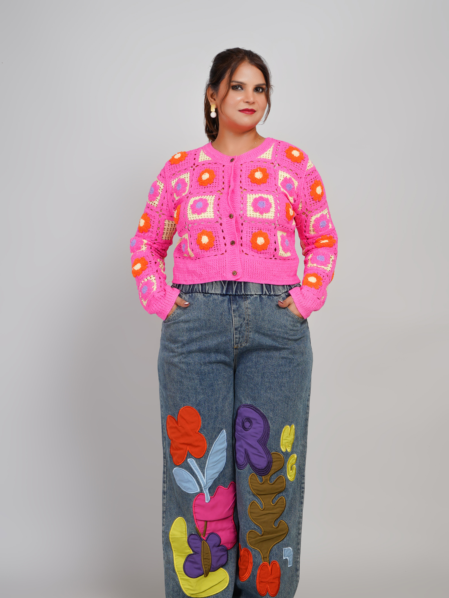 Boho Bloom: Pink Crochet Crop Cardigan