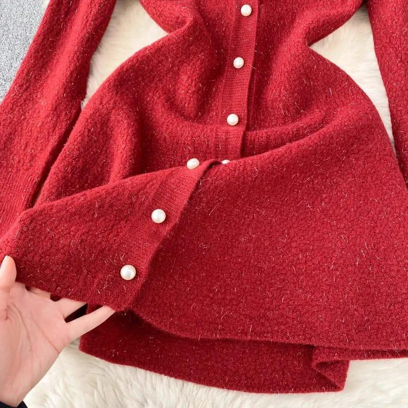 Valentina Luxury Woolen Dress – Pearl Button Flare Edition