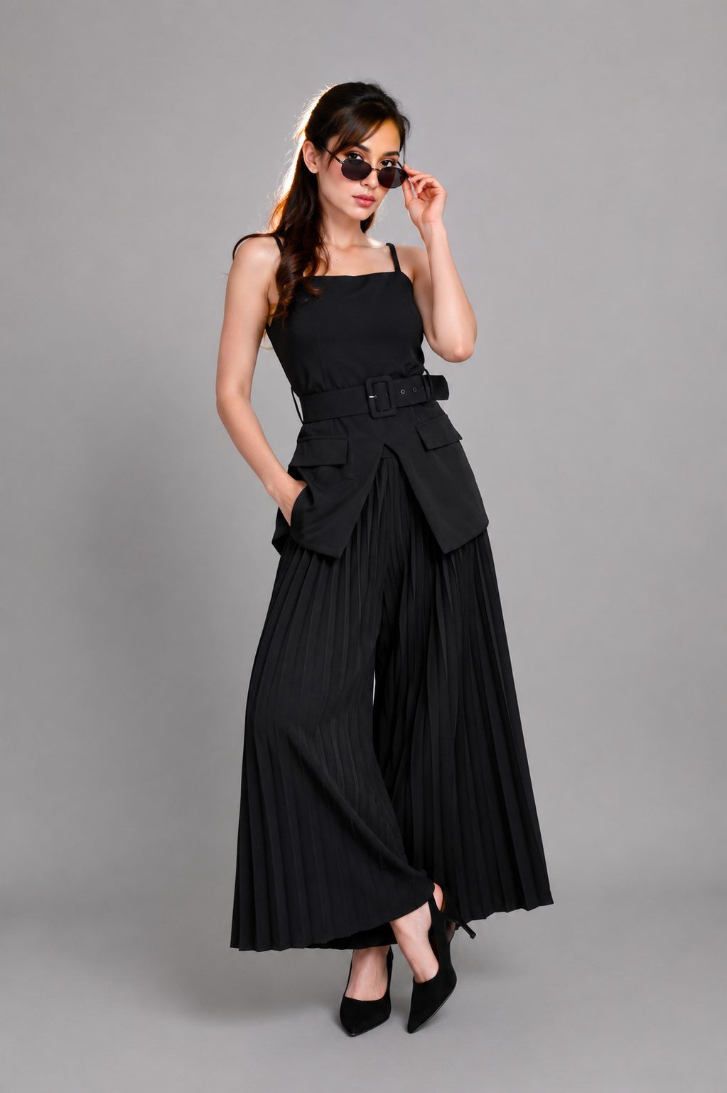 Black Belted Pleated Co-Ord Set