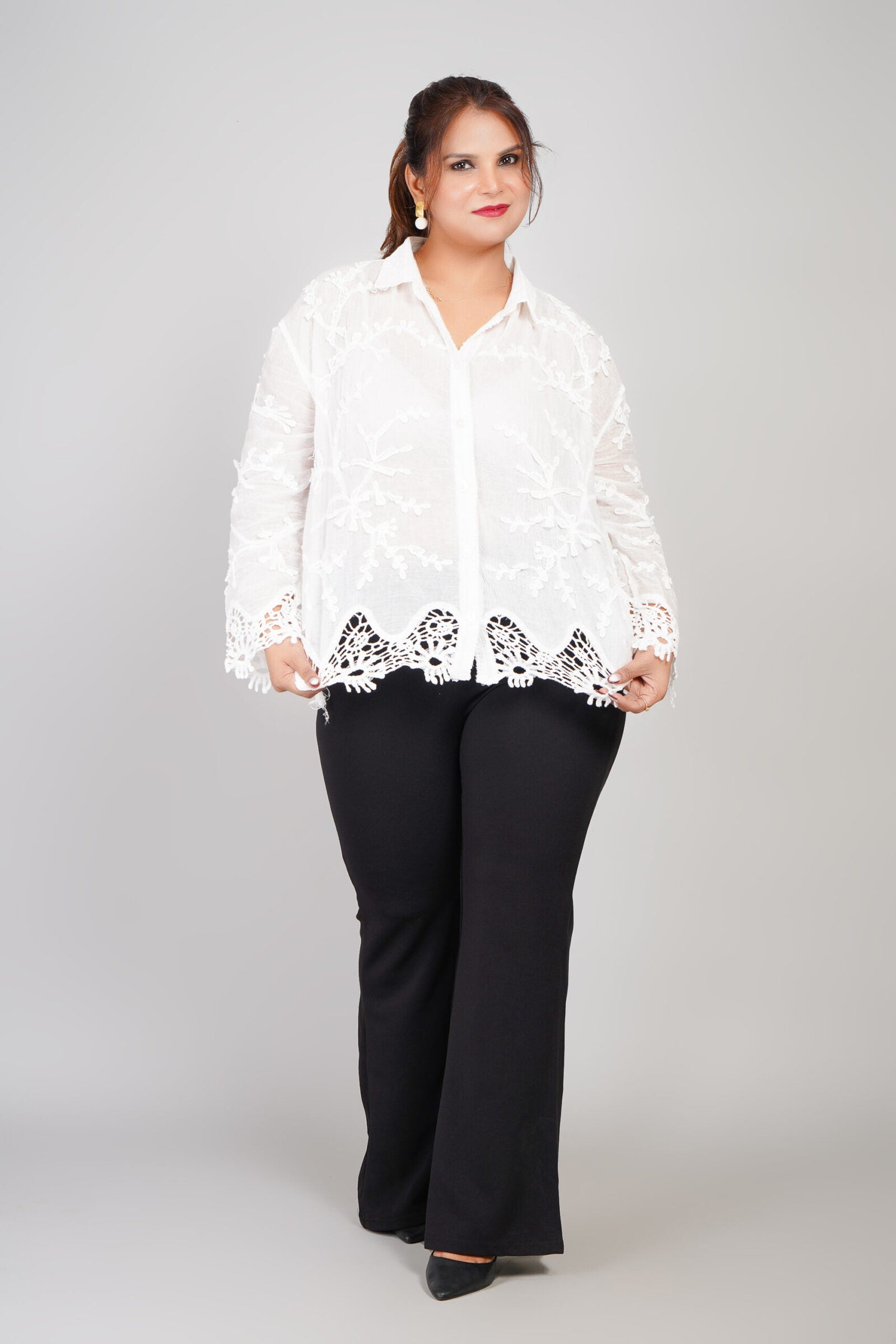 White Embroidered Cotton Shirt with Crochet Lace Hem – Feyova