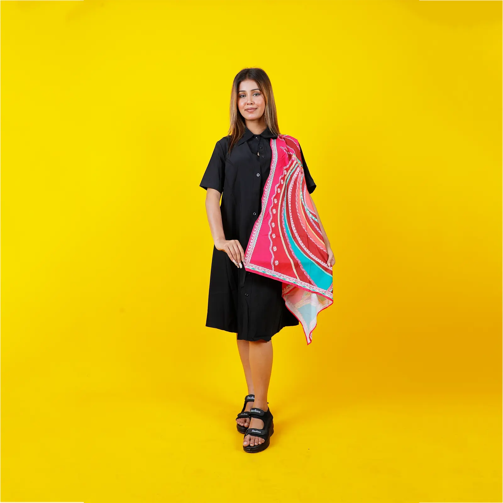 Chic Black Shirt Dress with Scarf