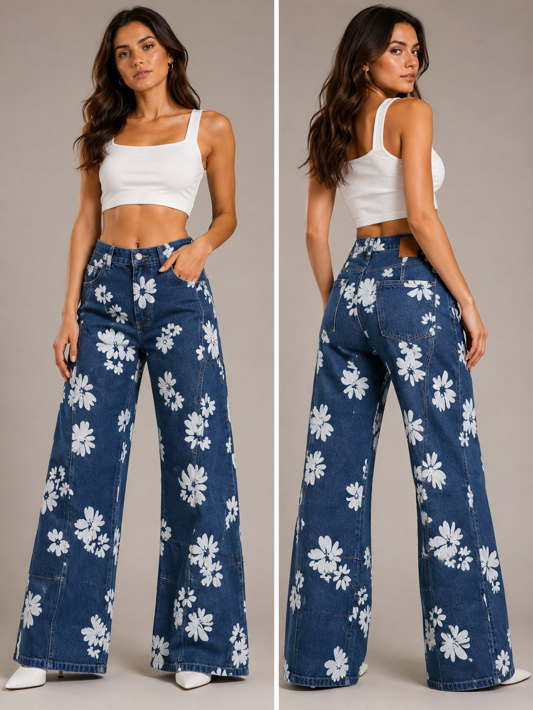 Women’s Floral Print Wide Leg Denim Jeans