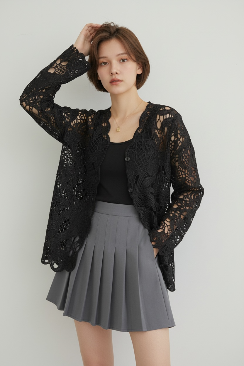 Women’s Black  Lace Shirt – Elegant Floral Design (Soft Net Fabric)  ⸻