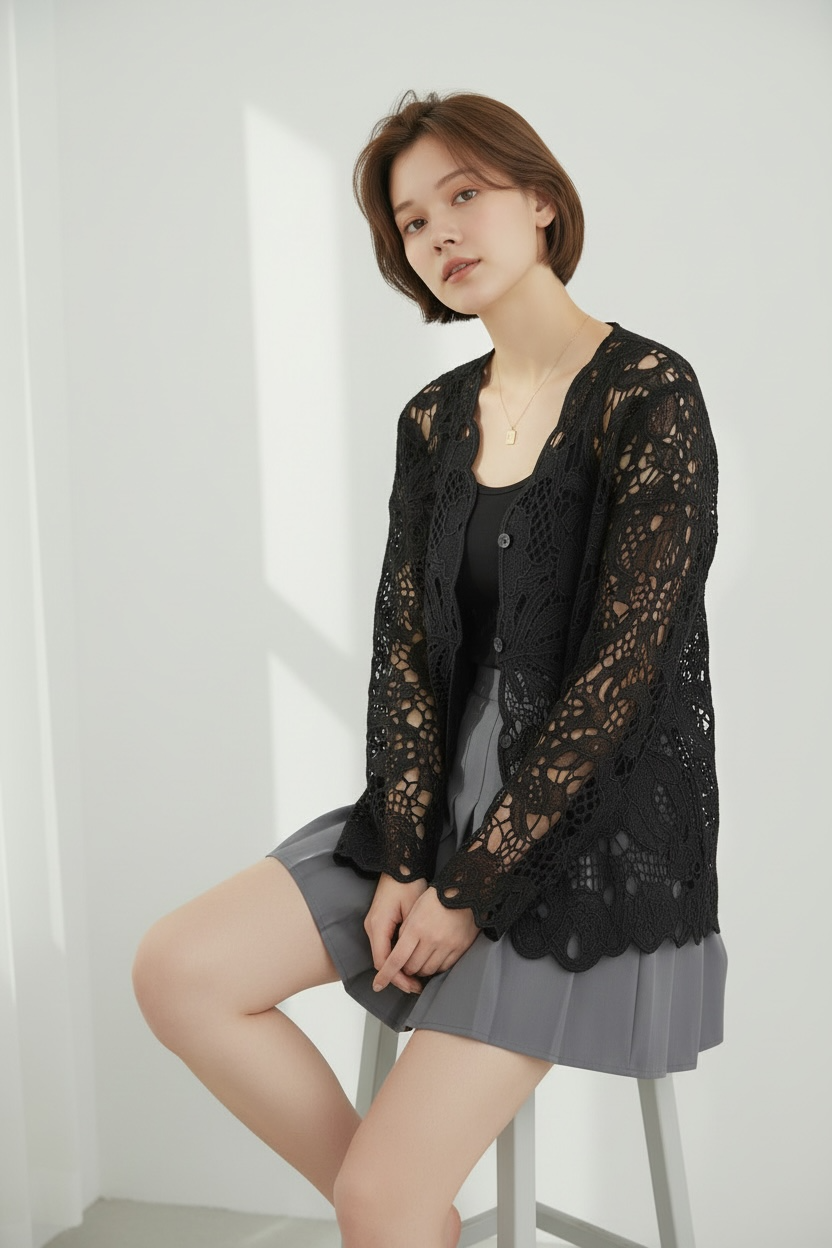 Women’s Black  Lace Shirt – Elegant Floral Design (Soft Net Fabric)  ⸻