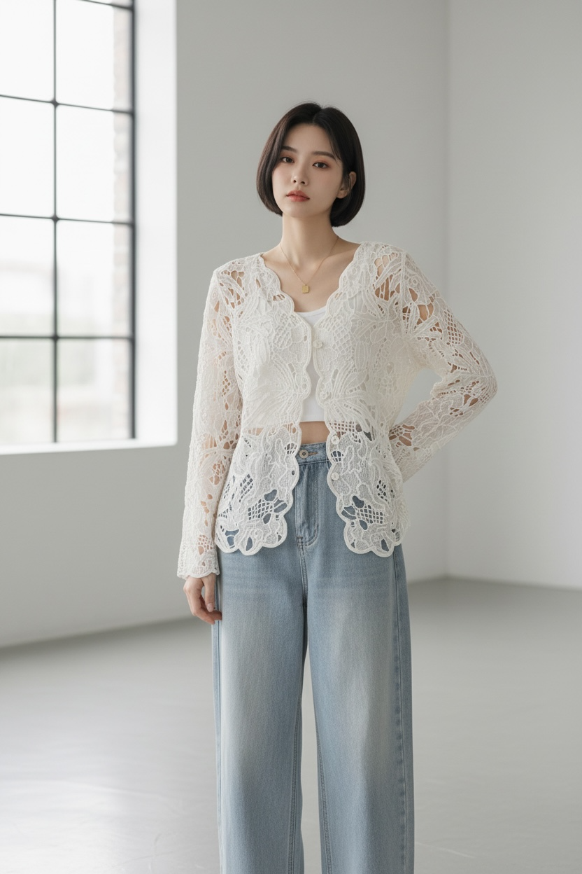 Women’s Black  Lace Shirt – Elegant Floral Design (Soft Net Fabric)  ⸻