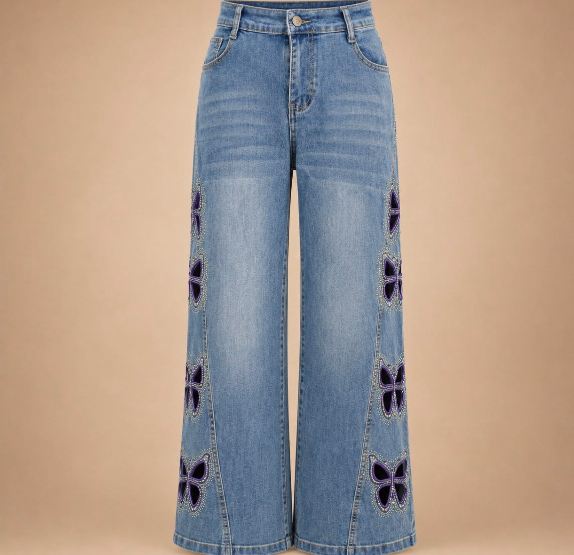 Butterfly Embroidered Wide Leg Denim Jeans for Women