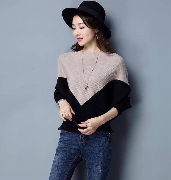 Baggy Style Colorblock Pullover – Soft Woollen Knit Sweater