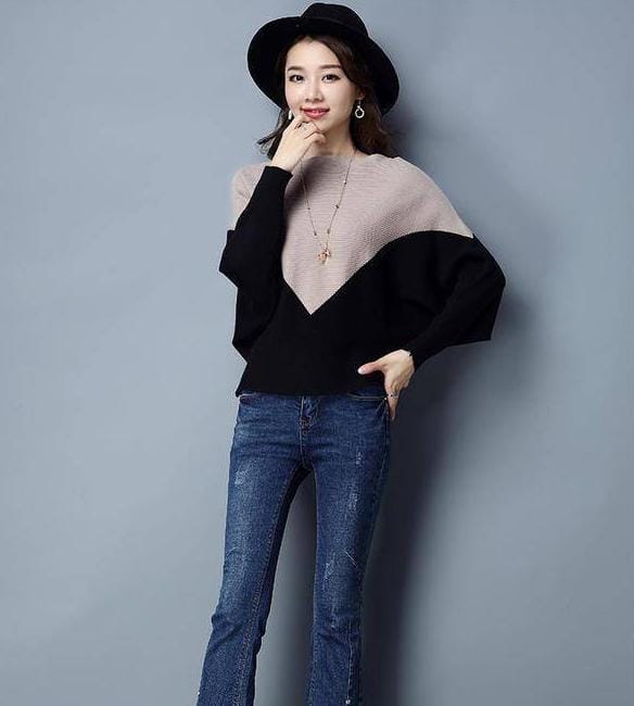 Baggy Style Colorblock Pullover – Soft Woollen Knit Sweater