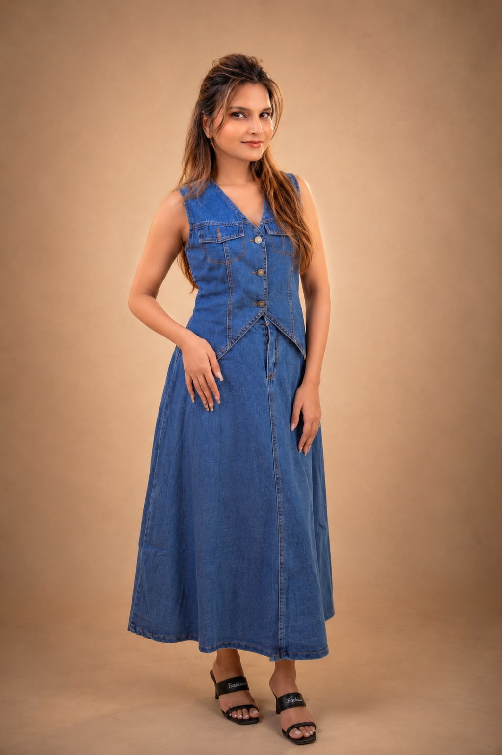 Denim Vest & Midi Skirt Set